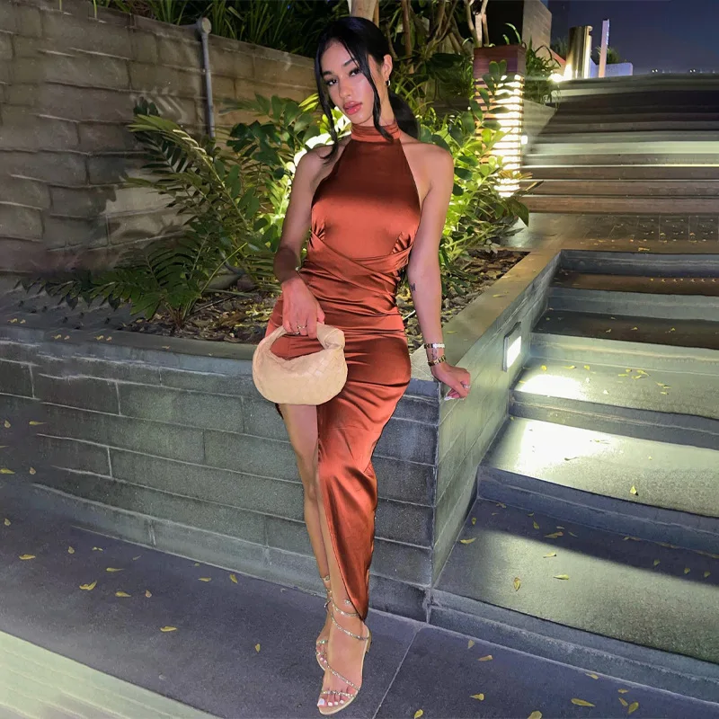 

Summer Dress Women Sexy Backless Halter Irregular Slim-Fit Dress Women Split Maxi Dress