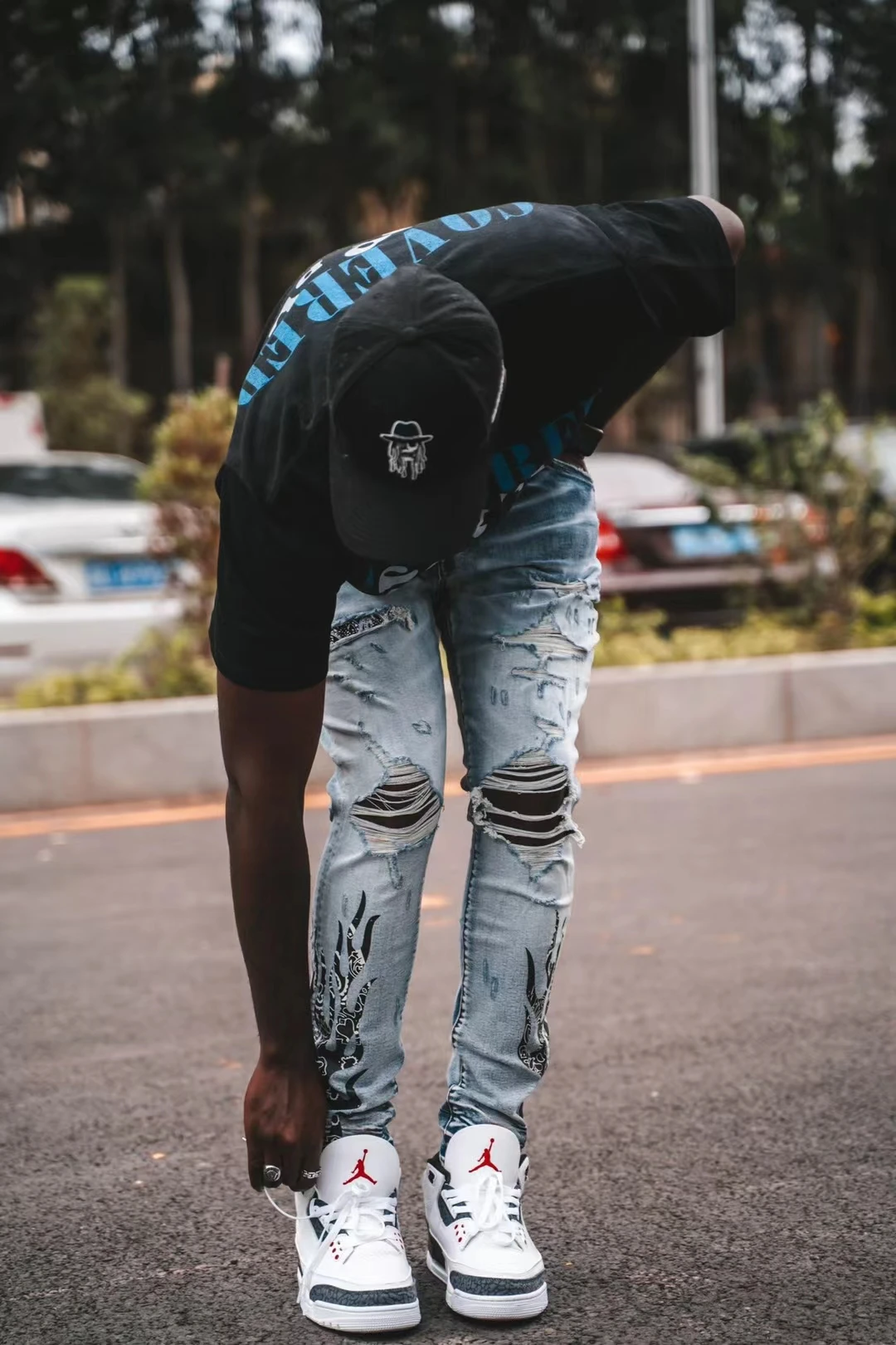 Мужские рваные джинсы AM синие узкие брюки с принтом в виде пламени дырками и