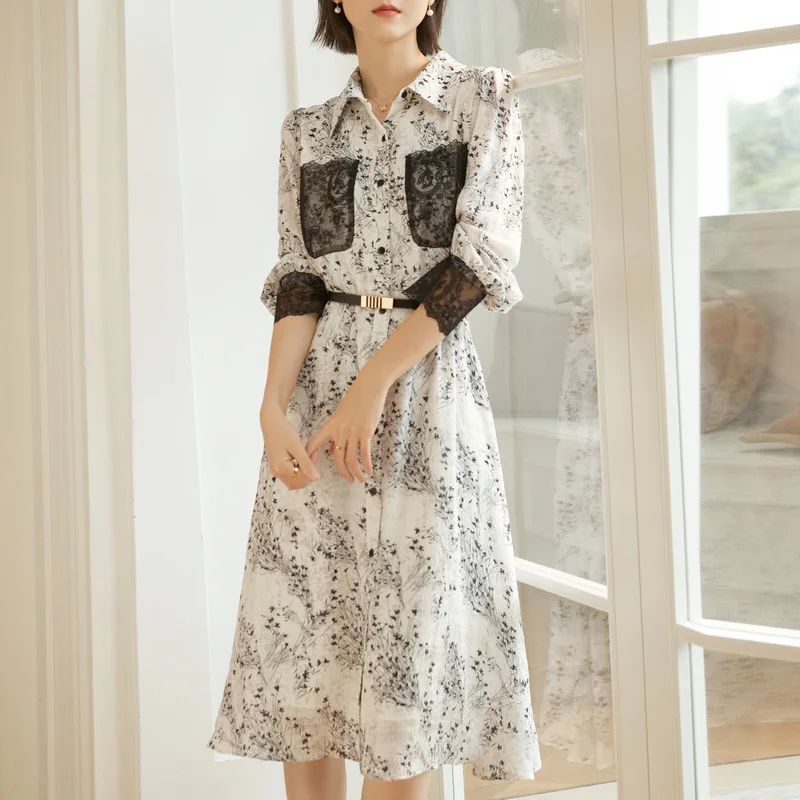 

Autumn Winter Women Flowers Dress Elegant Slim Turn-down Collar Dresses Wedding Party Chiffon Lace Basics Clothing Free Shipping