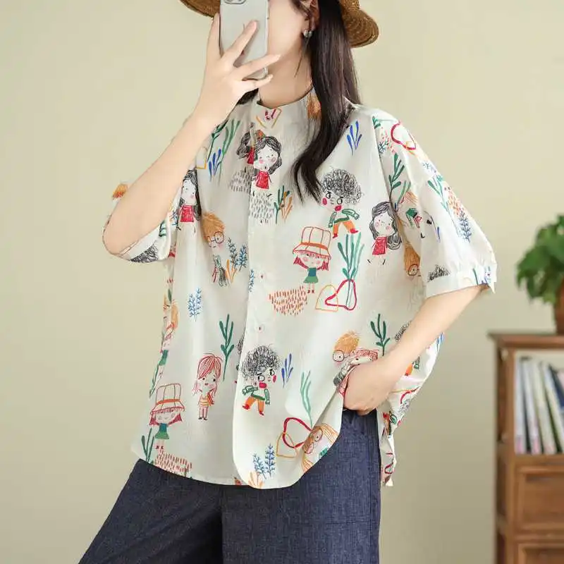 Элегантная женская блузка с принтом свободная повседневная рубашка коротким