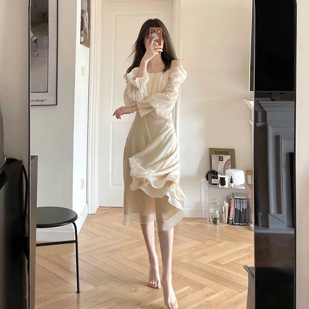 

Dress Women 2022 Spring Summer Women's French Long Sleeve Mesh Dresses Elegant Ladies Solid Vintage Fairy Dress Vestidos Mujer