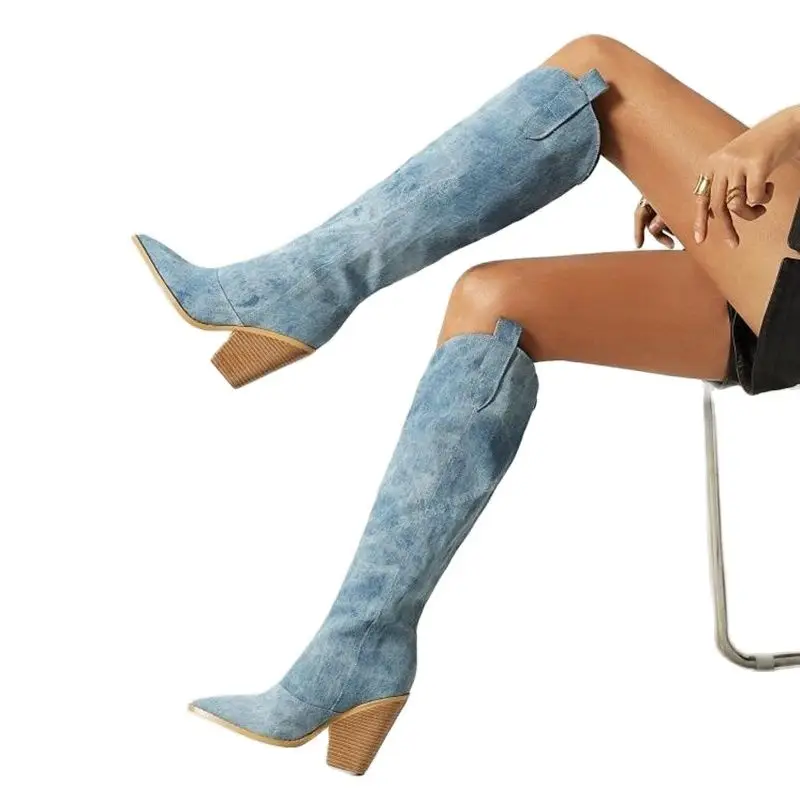 

Blue Denim Knee High Boots Pointed Toe Shoes for Women Chunky High Heels Sexy Lady Fashion Shoes 2023 Zapatos Para Mujere