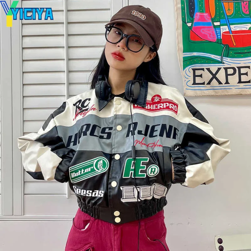 YICIYA Bomber Woman Varsity Jacket Racing PU Leather American Stand Collar Oversize Motorcycle Baseball Jacket Long Sleeve Coat