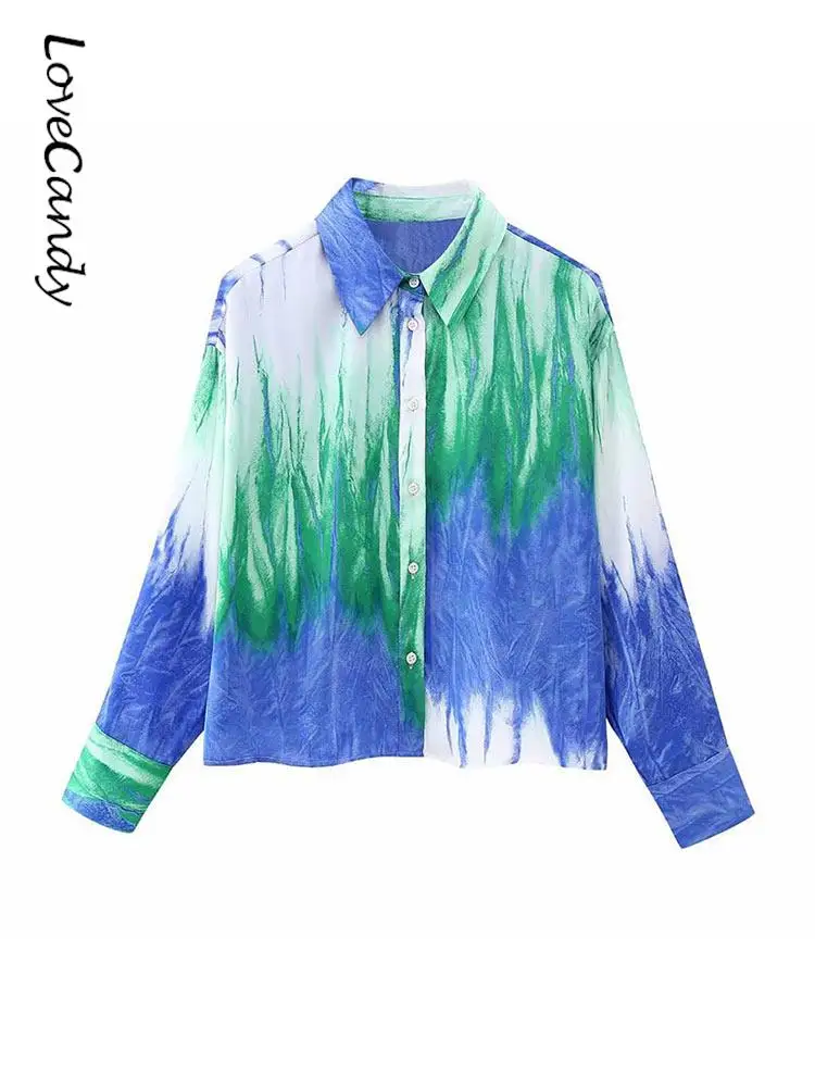 

Women New Tie-dyed Textured Printing Shirt Fashion Polo Neck Long Sleeve Fit Blouse 2023 Summer Casual Home Style Ladies Shirts