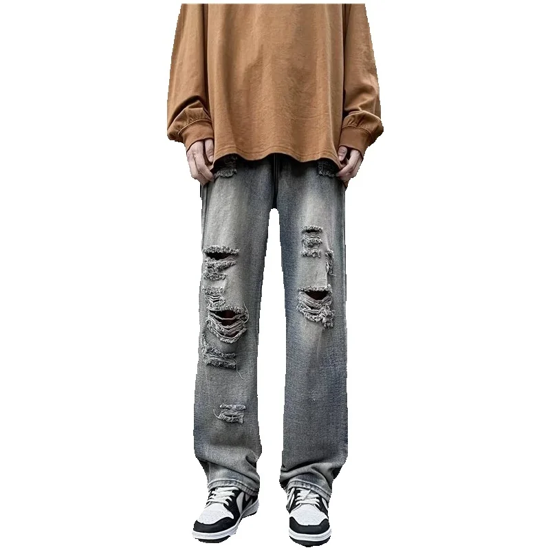 Summer Ripped Baggy Jeans Men Fashion Retro Straight Jeans Men Japanese Streetwear Hip Hop Loose Hole Denim Pants Mens Trousers