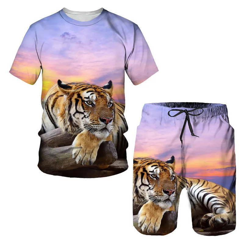 Funny Tiger Print T Shirt For Men Short Pants 2 Piece Sets Summer Hip Hop Trend Short Sleeve Tees 3D Animal Harajuku Sports Tops
