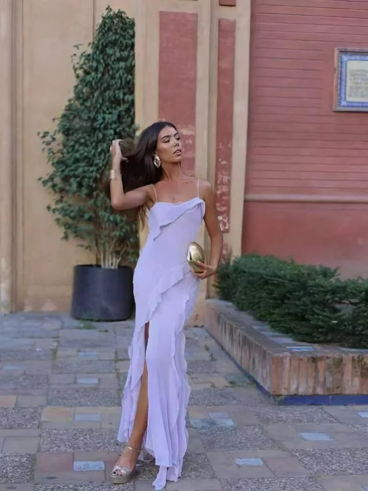 

Women's Summer Dresses 2023 Trendy Lavender Purple Strappy Slit Ruffle Solid Color Dress Sexy Hottie Y2k Clothes Women L30