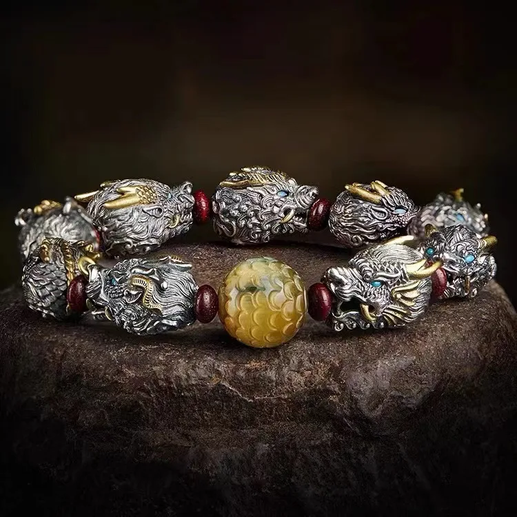 

NY Longsheng Nine-child Bracelet Men's Plate Play Antique Play Dragon Scale Tiger Eye Stone Bead Men's Bracelet Advanced Feeling