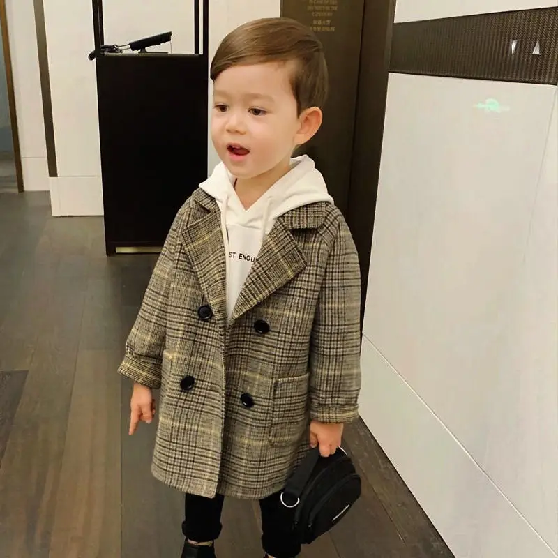 

Winter Grid Jackets Boys Girl Woolen Double-breasted Baby Boy Trench Coat Lapel Spring Wool Overcoat Autumn Kids Outerwear Coats