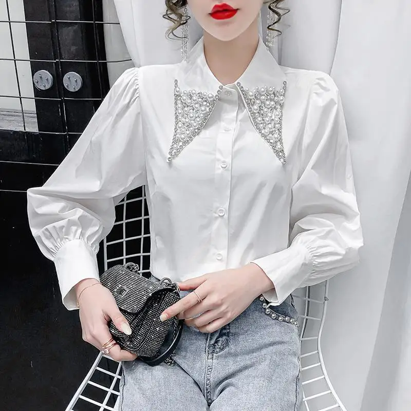 

Shiny Diamond Pearl Pointed Collar Pleated Shirt Women Long Sleeve Slim Office Ladies Blusas Spring New Blouse Top