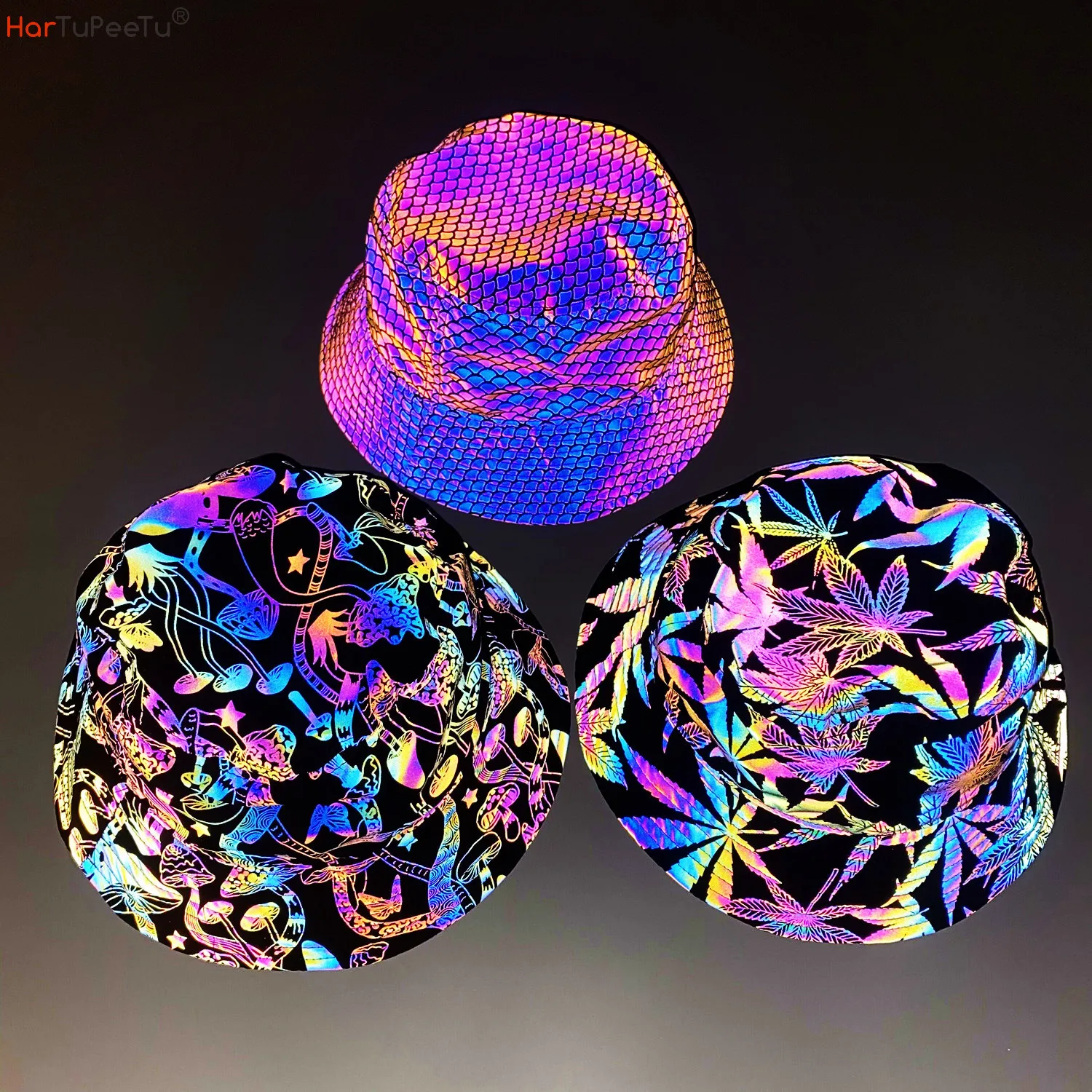 Colorful Reflective Bucket Hat Men Women Nightclub Hip-hop Luminous Pot Sun Hats Unisex Rainbow Halloween Caps Rave Headwear