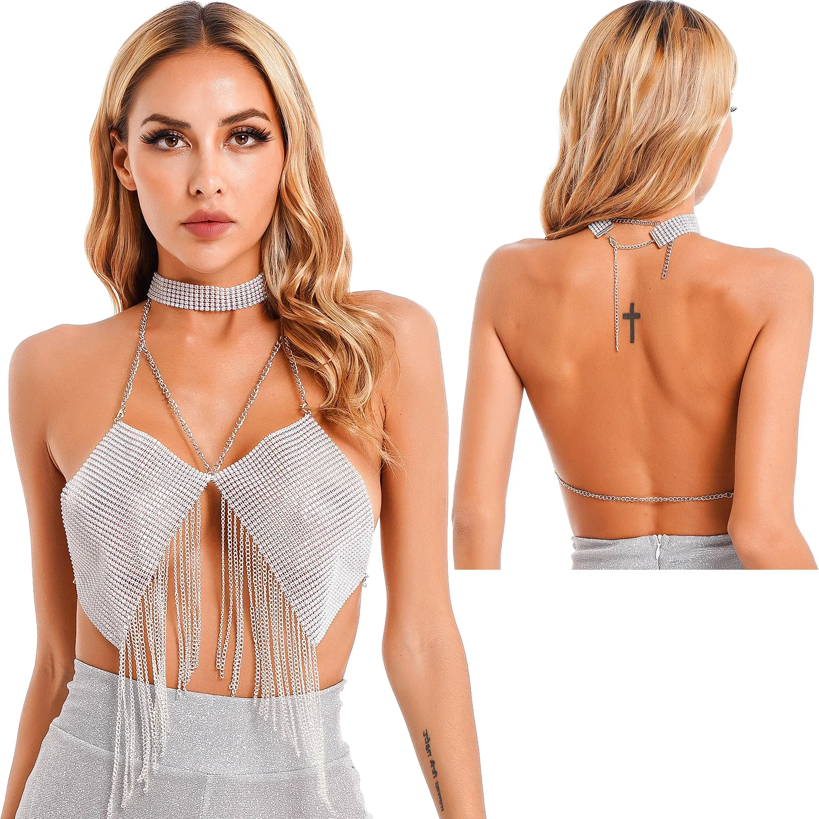 

Womens Sparkling Rhinestone Metal Chain Tassels Camisole Halter Backless Crop Top with Choker Body Chains Rave Party Clubwear