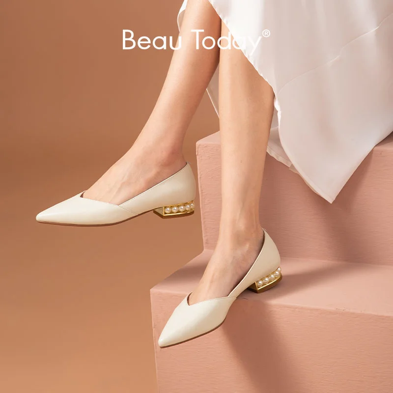 

Flats Women Sheepskin Leather Elegant Pointed Toe Slip-on Pearl Decoration Chic Female Shallow Shoes Handmade 18098