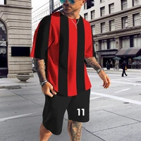 mens sports suit striped solid color 3d printed casual short sleeve t shirt shorts customizable jersey 2 piece