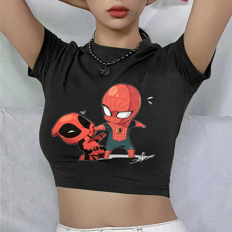 Spiderman Kawaii Disney Print T-shirt Women Harajuku Aesthetics Black Tops Tshirt Tee 2022 New Summer Fashion Y2k Female T Shirt