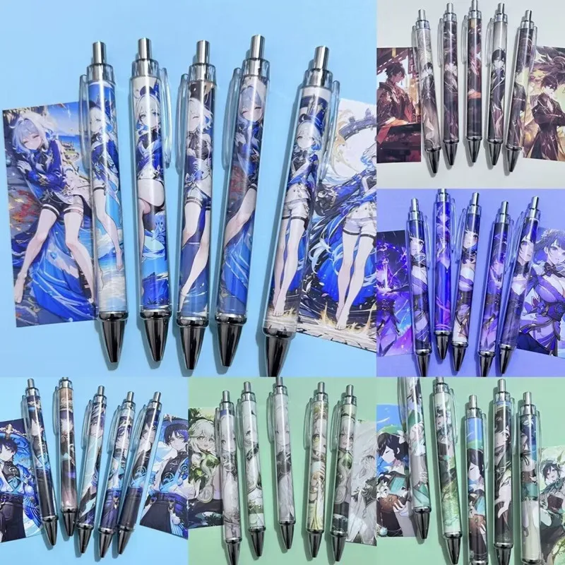 5 шт. аниме Genshin рандомная разноцветная ручка тонкая черная мультяшная чернила