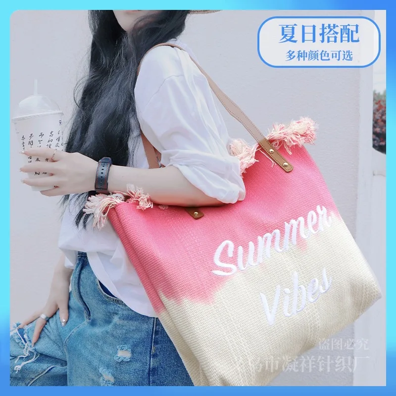 

Korean Version New Women's Bag Large-capacity Canvas Gradient Woven Tassel Embroidery Simple Commuting All-match Tote Bag