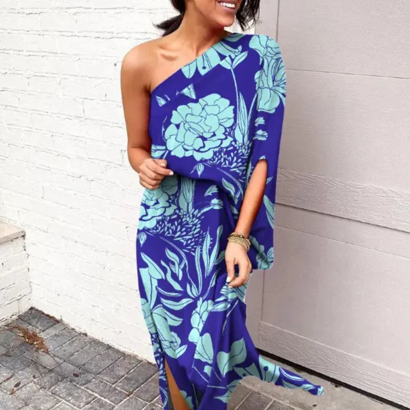 

Women's Loose Shoulder Waist Print Fashion Robe Vestido Elegante Femme Summer Loose Off Shoulder Waist Print Beach One Piece