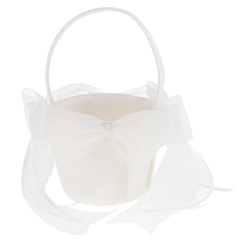

Beige Satin Flower Girl Basket Large Tulle Bow Wedding Party Supplies Flower Girl Bridal Flower Basket
