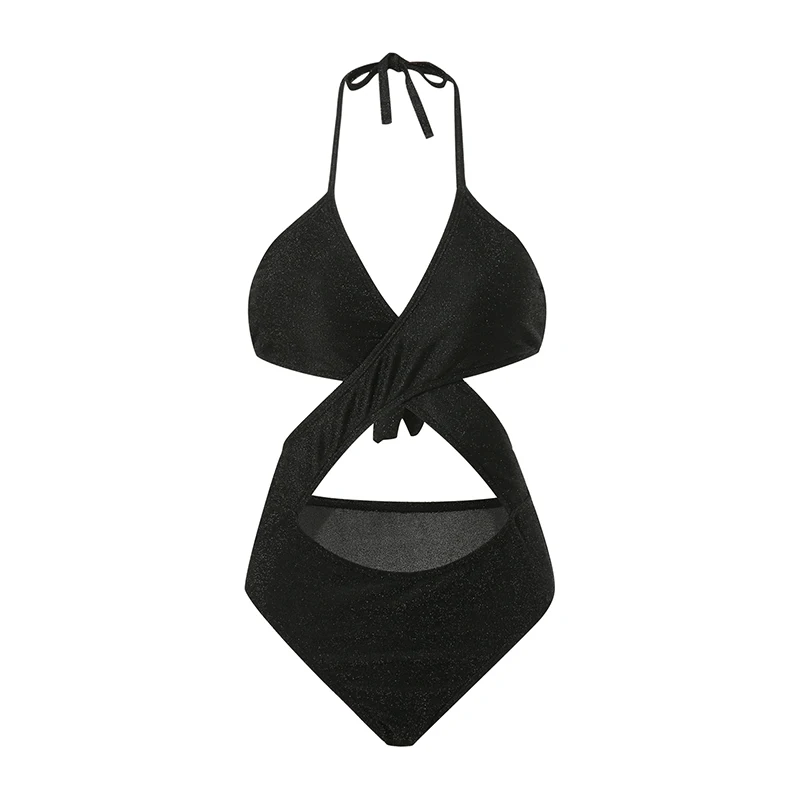 

Women's Sexy Sleeveless Swimsuit, Halter Hollow Out Solid Color Front Cross Bathing Bodysuit