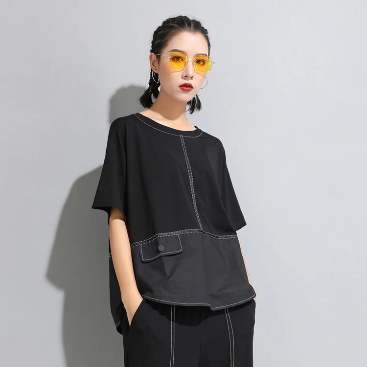 Womens Black T-shirt Summer New Normcore Straight Decorative Buttons Patchwork Short-Sleeved T-shirt Women