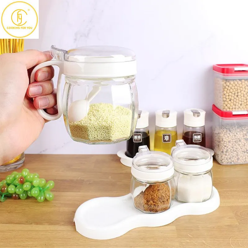 

Семейная креативная стеклянная банка для приправ с ложкой и подносом, кухонная банка для соли, тмина, сахара, перца, приправ, контейнеры для ...