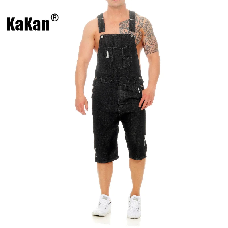 Kakan - European and American New Vintage Perforated Capris Sling Jeans for Men, Light Blue Black Strap One Piece Jeans K34-0025