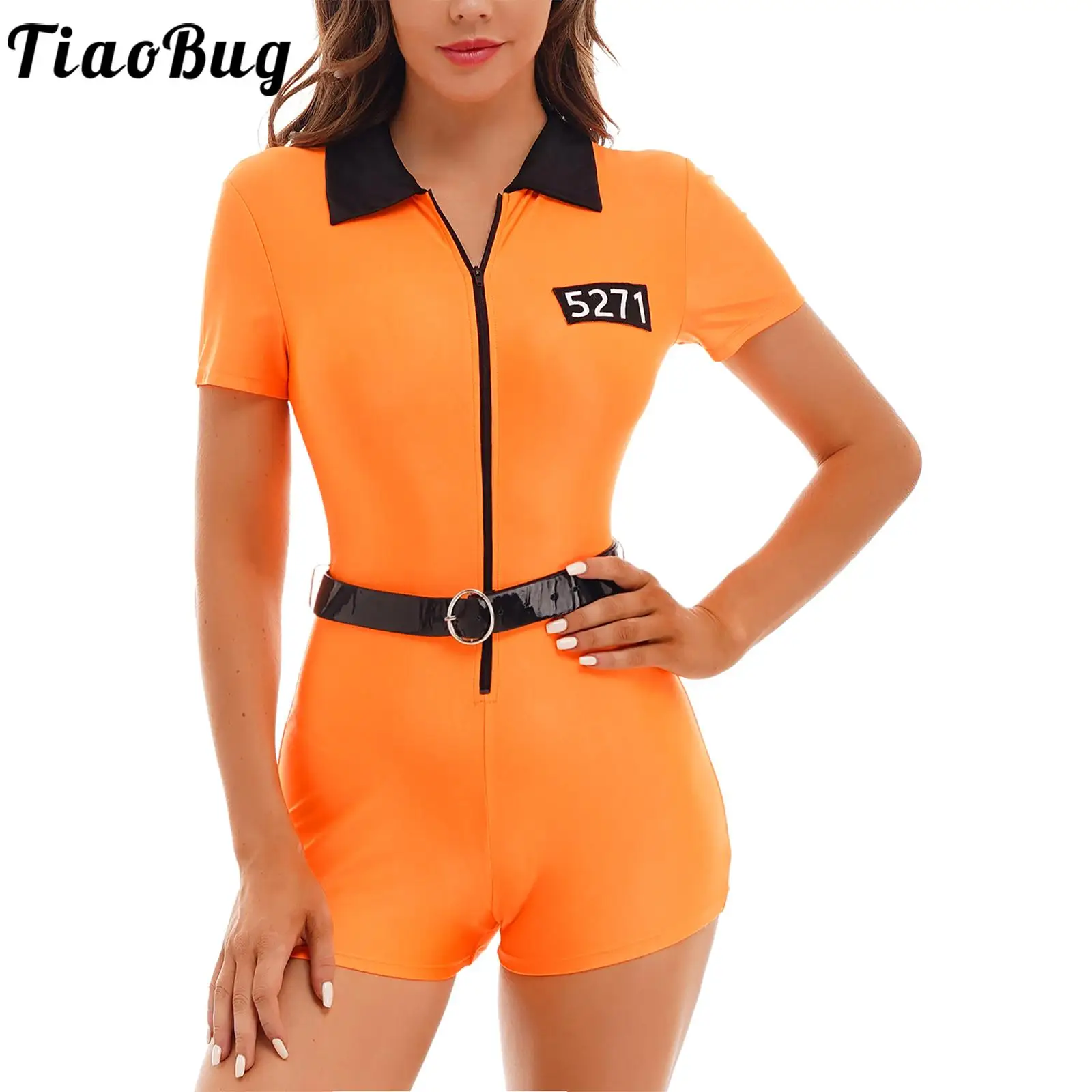 

Женский костюм для ролевых игр Tiaobug, оранжевый комбинезон на молнии спереди с коротким рукавом и поясом, Нарядные Костюмы для хэллоуивечерн...