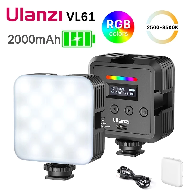 

Ulanzi VL61 RGB Video Light Dimmable 2500K-8500K Mini LED Lamp With Diffuser for Smartphone DSLR Camera Live Photography Vlog