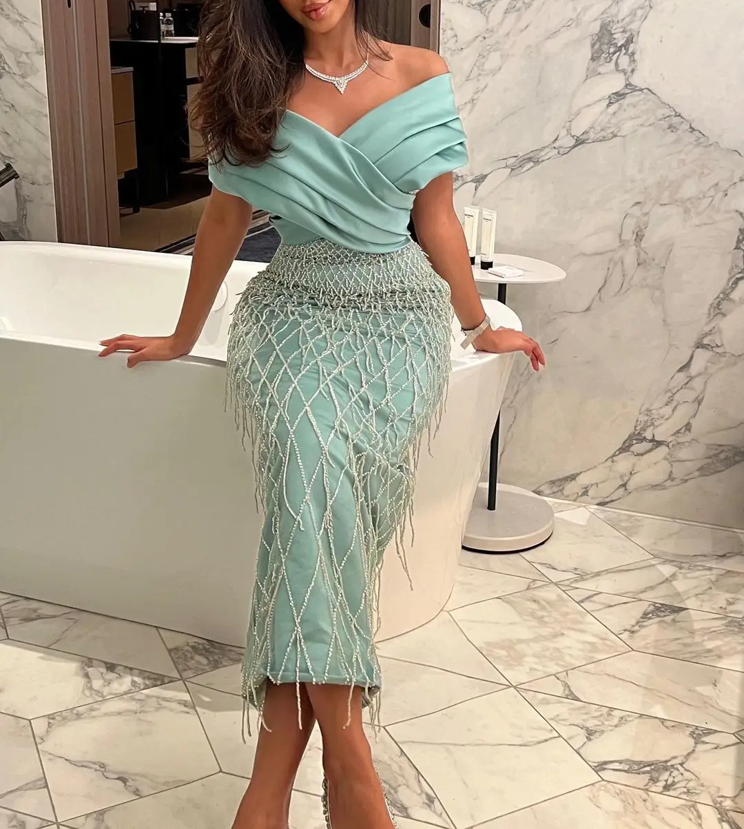 

Vintage Mermaid Sleeveless Off The Shoulder Prom Dresses Beadings Tassels Ankle Length vestidos de novia Party Dresses