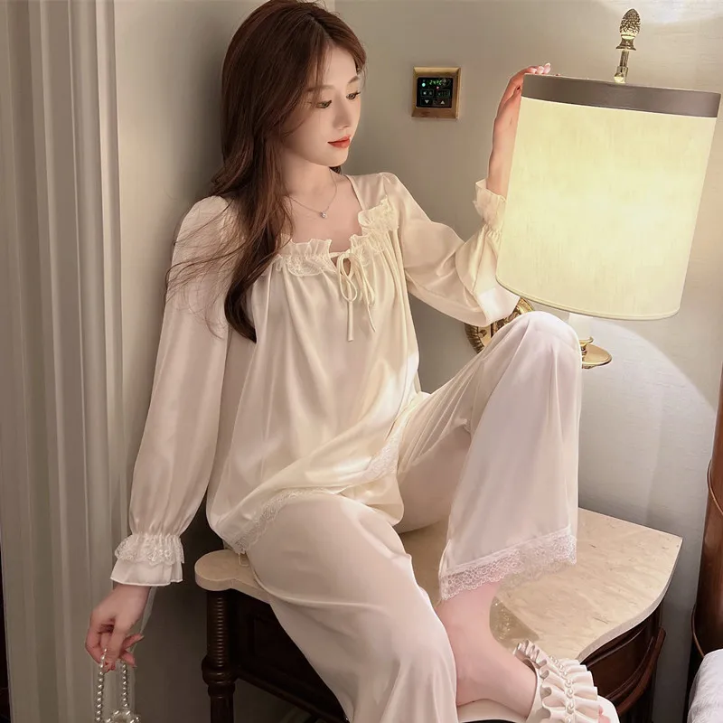 Lace Princess Pajamas Suit Cute Spring Summer Female Sweet Luxury Noble Palace Style Belt Wear Outdoor Home Loungewear Set Women