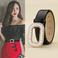 new ladies belt pearl buckle belt inlaid rhinestone decorative belt fashion versatile smooth buckle belt