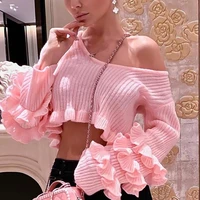 2021 autumn and winter sexy off shoulder ruffled knitted sweater t shirt female solid color cute short pink crop sweater