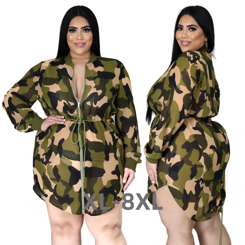 Plus Size New Women's Camouflage Printing Strap Slim Fit Relaxed Fashion Large Size Dress with Waist Clos 3xl 4xl 5xl 6xl