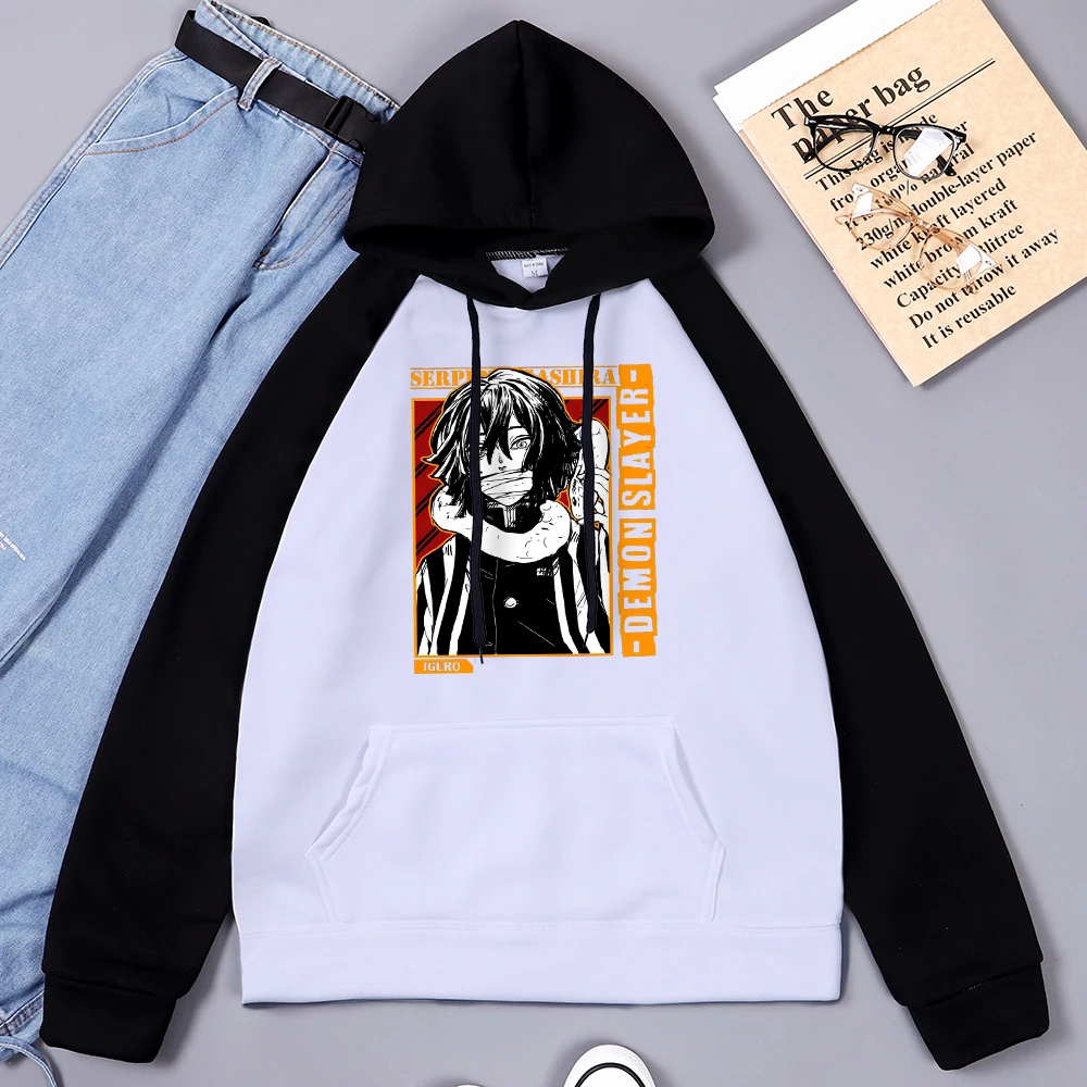 

Anime Demon Slayer Obanai Iguro Printing Mens Raglan Hoodies Oversized Fleece Sportswear Casual Personality Hoody Male Pullovers