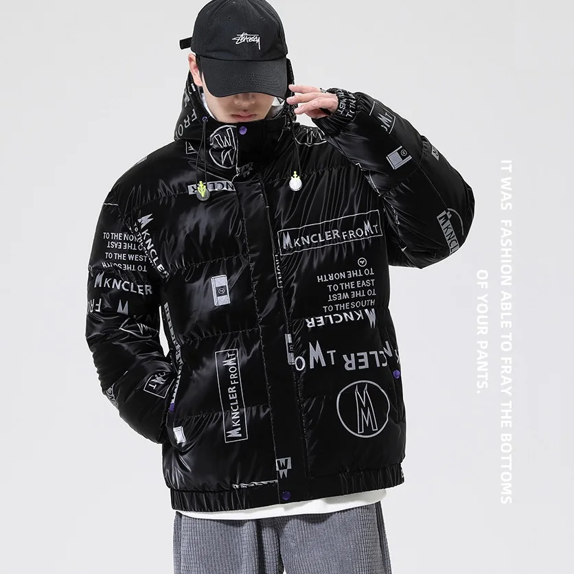 Couples Letter Print Winter Jacket Men Thickened Warm Jacket  Fashion Letter Shiny Hooded Cotton Coat Jacket with Hood