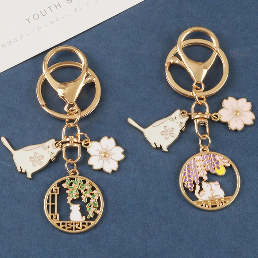

1PC Flower KeyChain Cute Cat Keychains Round Pendant Keyring Women Girl Headset Case Accessorie Jewelry Couple Gifts