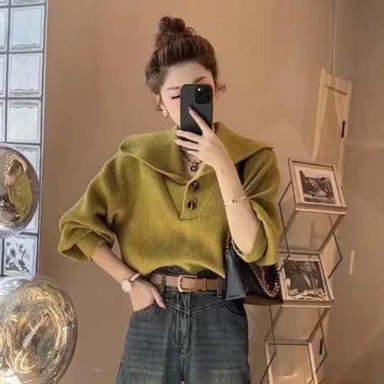 

Зеленый женский свитер 2023, пальто, корейский женский пуловер, женские топы с низким воротником, свободный женский свитер, зимняя одежда, свитер для девочек
