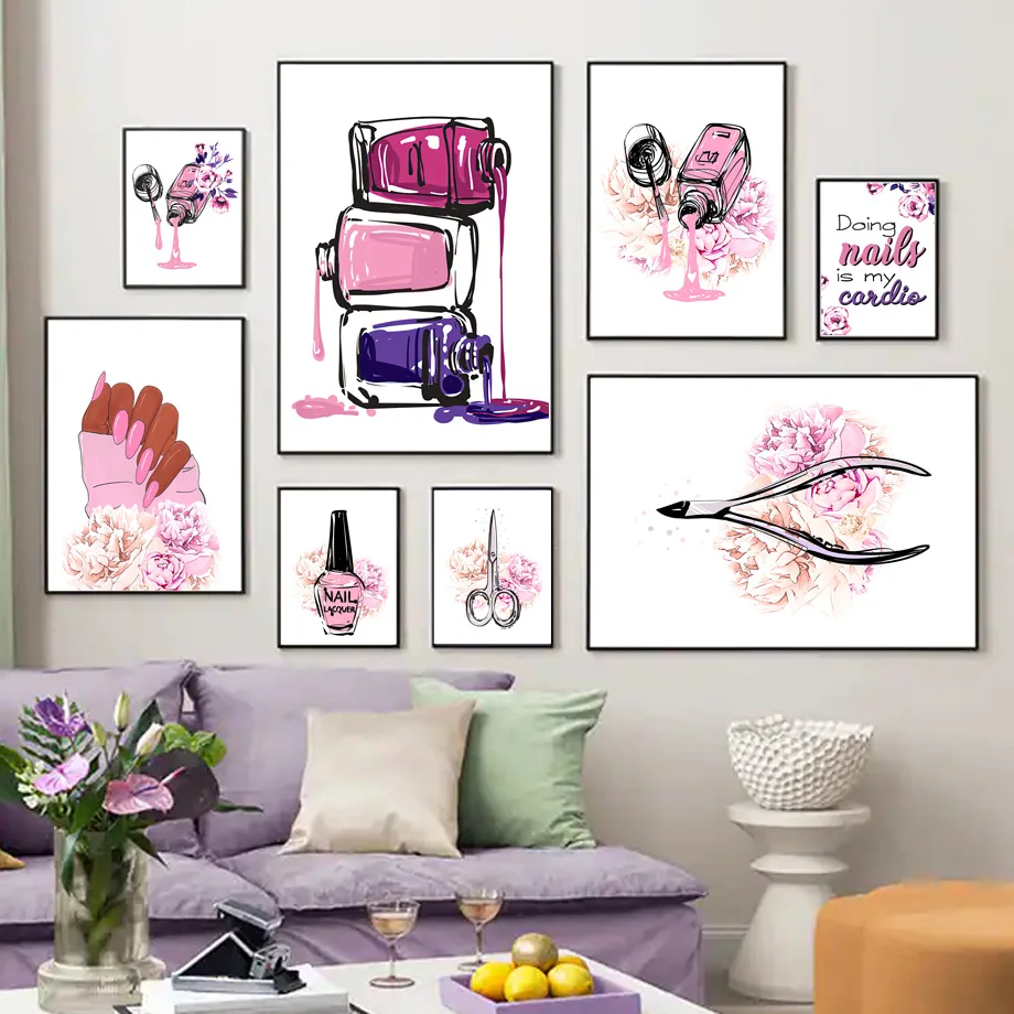 

Fashion Nail Polish Clippers Flower Abstract Nordic Poster Wall Art Print Canvas Painting Decor Pictures For Beauty Salon Room