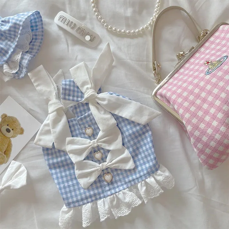 

Summer Checkerboard Bow Dog Strap Dress Small and Medium Dog Thin Dress Cat Pet Clothes Cute Princess Skirt Chihuahua Yorkshire