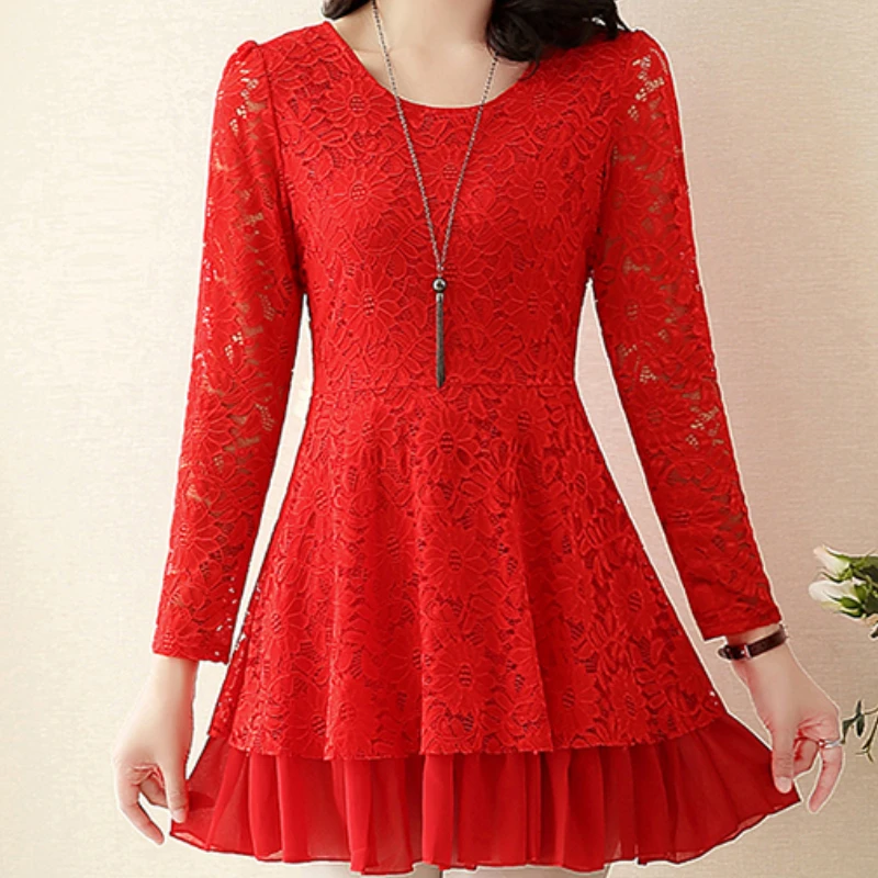 

Chiffon bottoming shirt long-sleeved 2022 mother's spring clothing women's mid-length waisted top thin lace shirt 7744228f,710-1