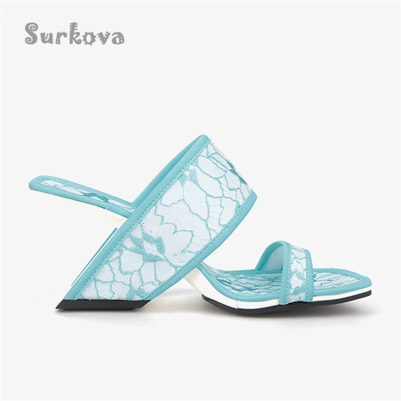Lace Embroidered Sandals Pink Blue Black Hollow Wedges Slippers Women's Luxury Banquet Summer Shoes New Square Toe Slip-On Pumps