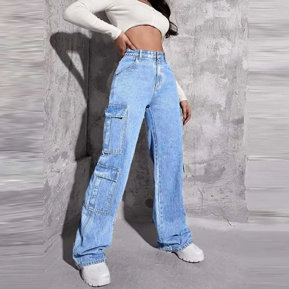 

Женские джинсы в стиле США, множество сумок, новинка 2023, прямые брюки с завышенной талией и перекрестными краями Y2k, свободные джинсовые брюки с эффектом потертости