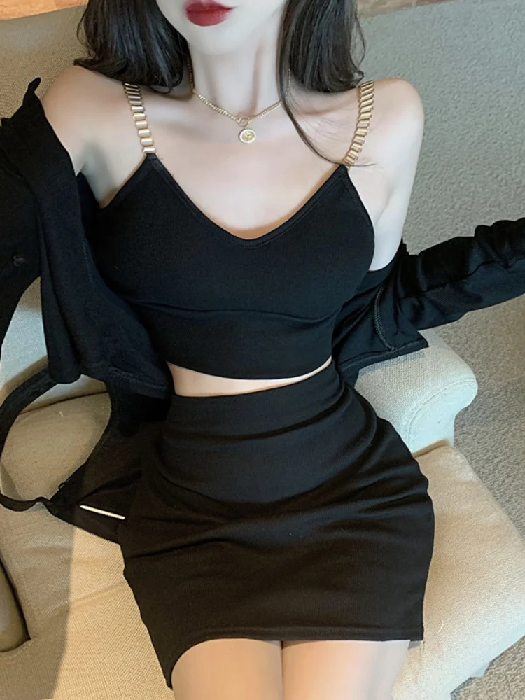 

Spring Summer Long Sleeve Cardigan + Chain Tank Vest + High Waist Hip Wrap Skirt Three Piece Set For Women Korean U725