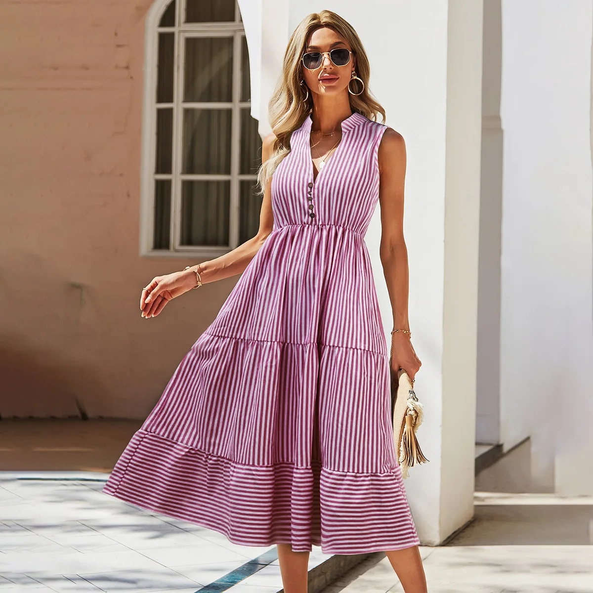 

Women Dresses Summer Fashion V-neck Stripe Sleeveless Waist Retraction Elegant Temperament Dress Casual Dress