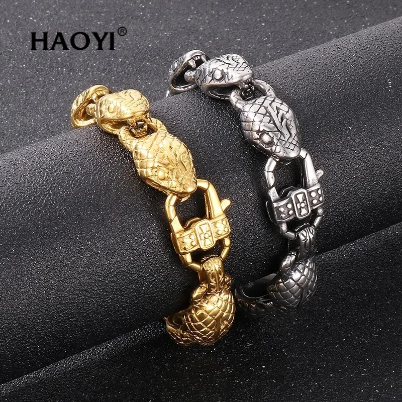 

HAOYI Premium Luxury Cuban Men Bracelet Stainless Steel Snake Bracelet's for Men's Snake Head Bite Vintage Silver/Gold Color