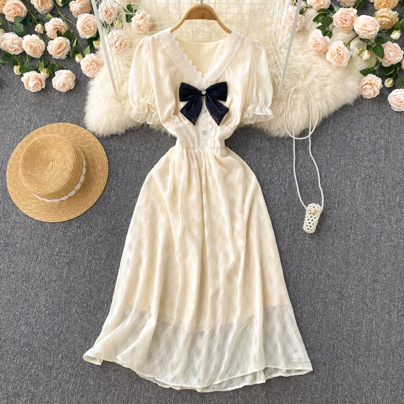 

WEIHAOBANG 2022 Summer Women's New Solid Color Dress Lace V-neck Bow Short Sleeve High Waist Casual Loose Long Dress