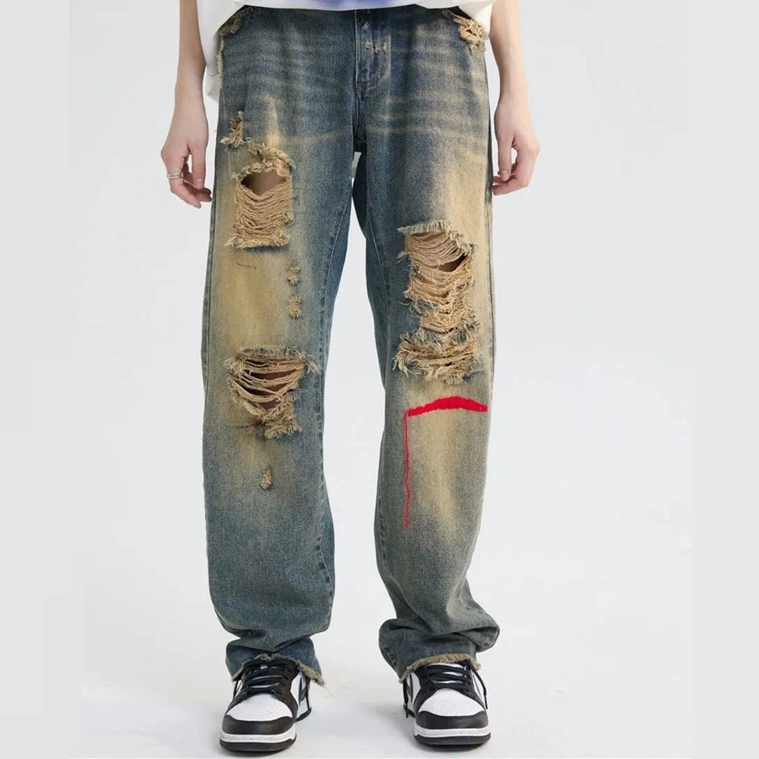 New High Waisted Ripped Jeans For Women Men Denim Pants Full Length Straight Panelled Tassel Vintage Streetwear 2022 Summer Cut