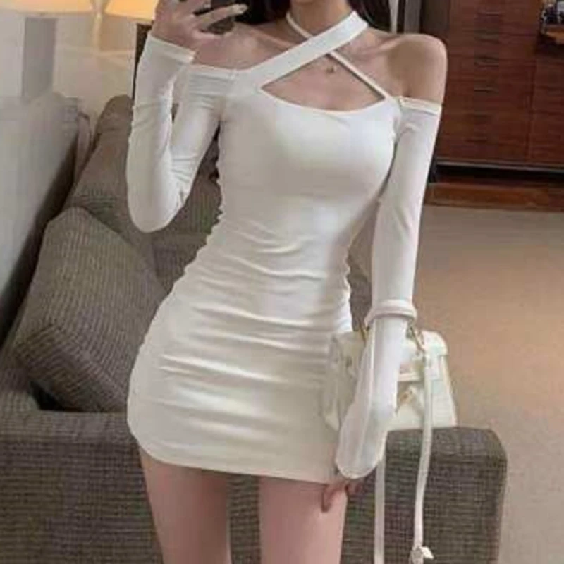 

Long Sleeve Dresses Women Summer Trendy Slim Black Sexy Simple Off The Shoulder Street Style Ulzzang Casual Mature Solid Color