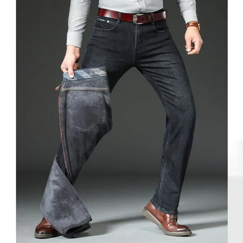 

Осенне-зимние мужские джинсы прямые утепленные с флисом эластичные Молодежные джинсы